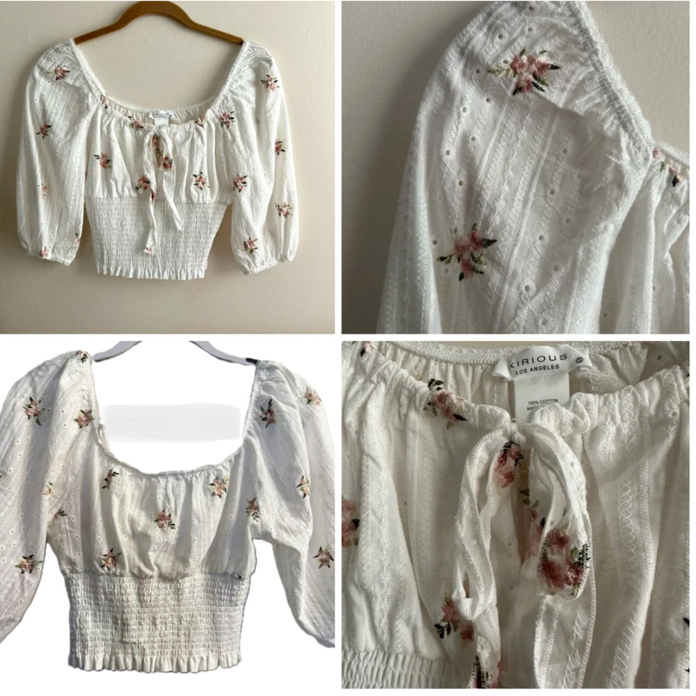 KIRIOUS Crop Top Smocked Back S White eyelet embroidered flowers Boho Fairy Ties